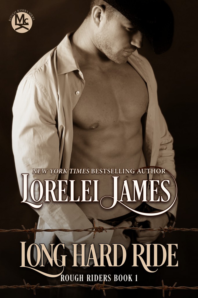 Lorelai James (author) Long Hard Ride (book) handsome white cowboy on cover, shirt open.